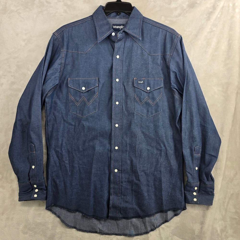 Wrangler Denim Western Shirt Mens 16-34 X-Long Tails Cowboy Pearl Snap Blue‎